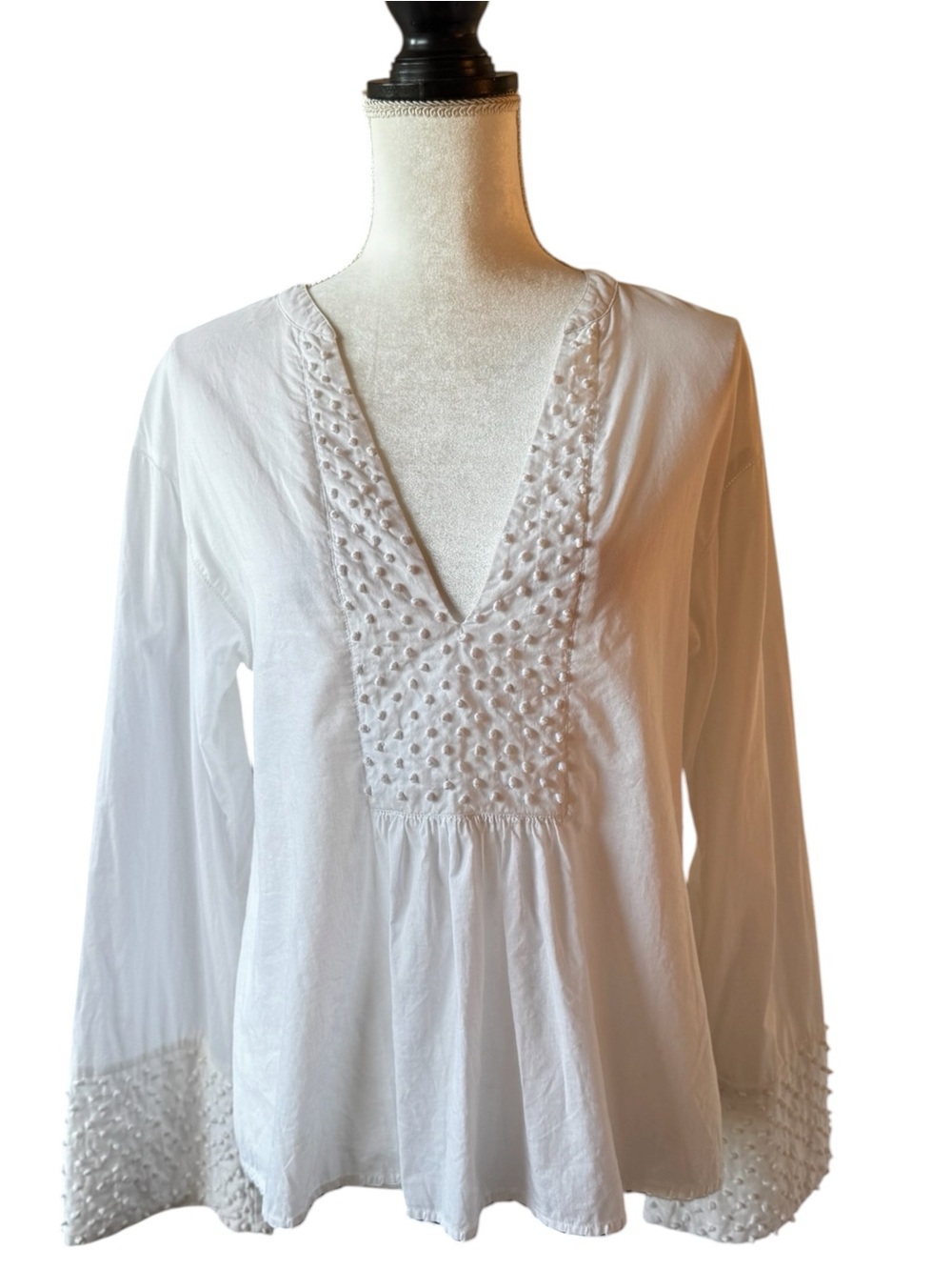 Theory White Embroidered Cotton V Neck Long Bell Sleeve Blouse Top Size Medium